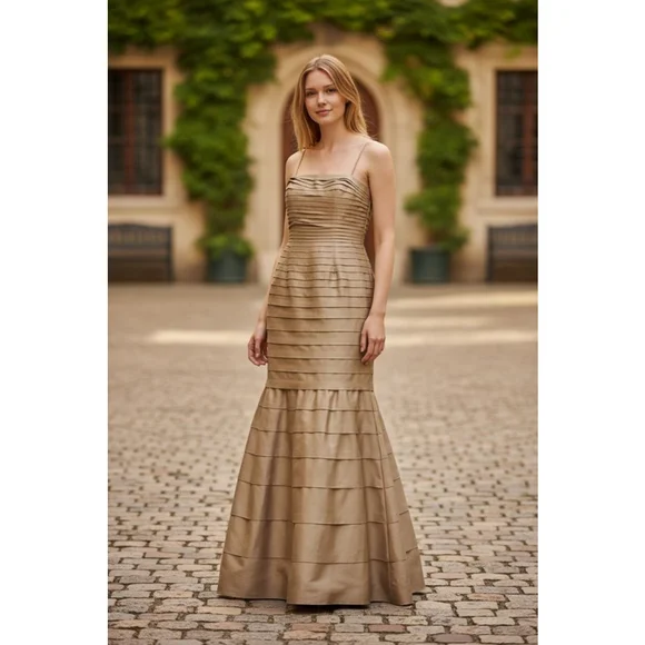 JS Collections Tan Tiered Evening Mermaid Gown, Size 14 - Picture 16 of 17